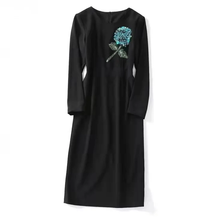 European and American women's wear new autumn 2022 Long sleeve beaded sequins flower round collar Fashionable solid color dress