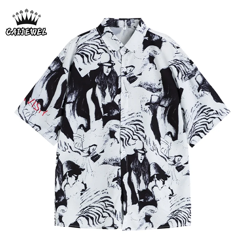 

Long Sleeves Women's Blouse Harajuku Graffiti Streetwear Polo Collar Korean Fashion TOP Baggy Button Up Shirts New 2022 Summer