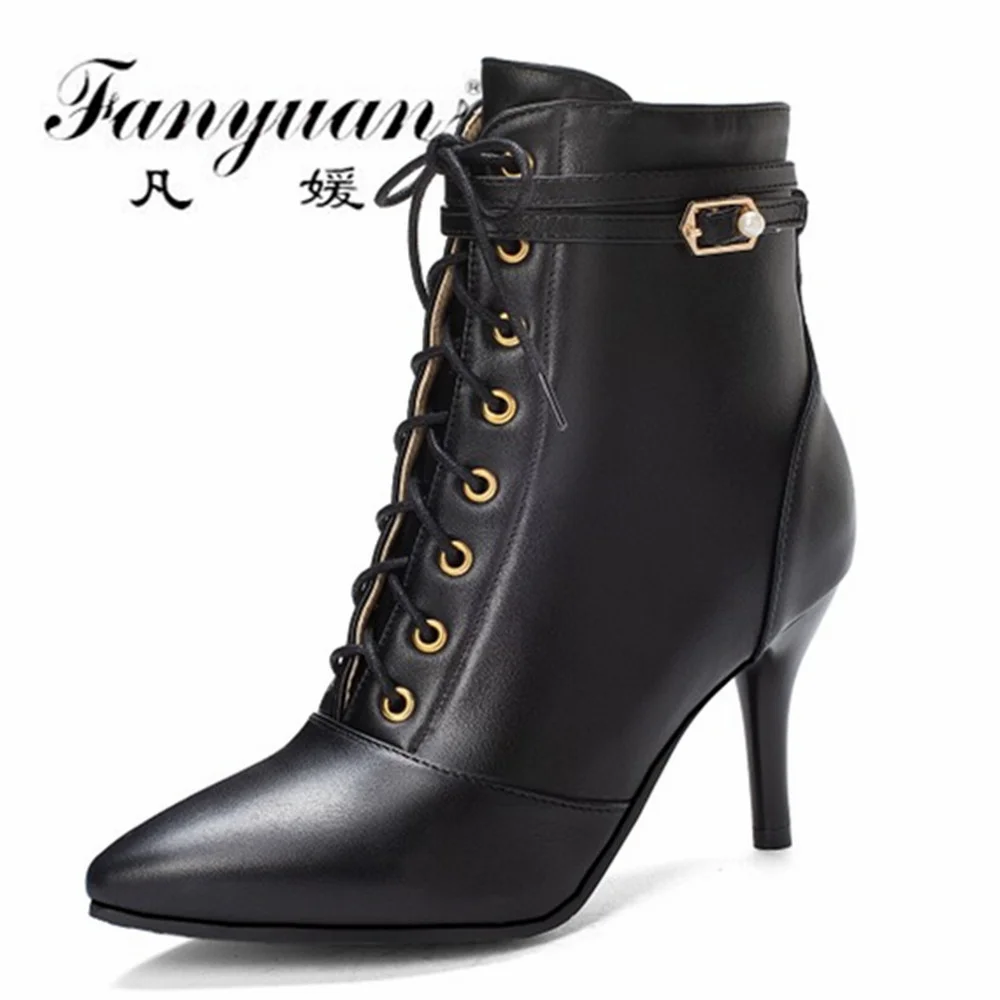 

Fanyuan Autumn Winter Women Ankle Boots Pointed Toe Thin Heels Fashion Sexy Party Metal Buckle Cross-tied Ladies Shoes Size30-48