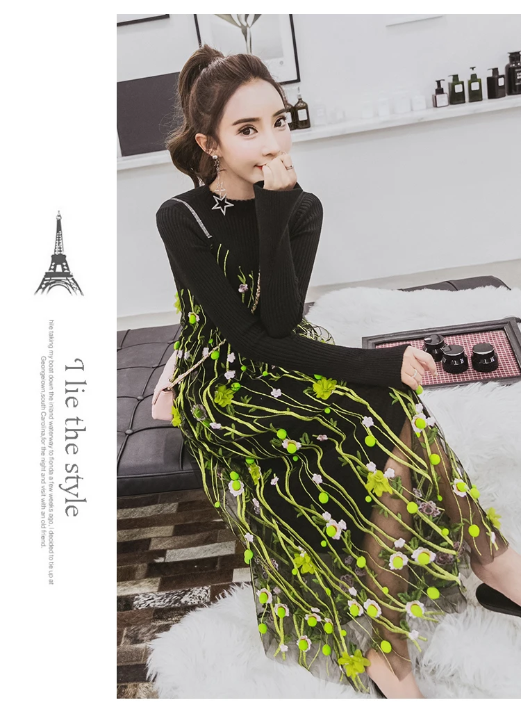 Knitted Dress 2 Piece Set Autumn New Solid Black Sweater Dress and Hairball Appliques Floral embroidery Mesh Sling Dress Sets