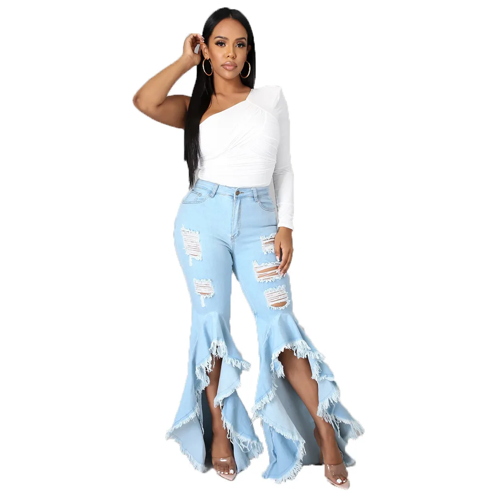 

Fashionable Ruffles Women Flare Jeans Newest Patchwork Holes Ripped High Waist Skinny Smart Style Lady Jeans 2021 Autumn Clubwea