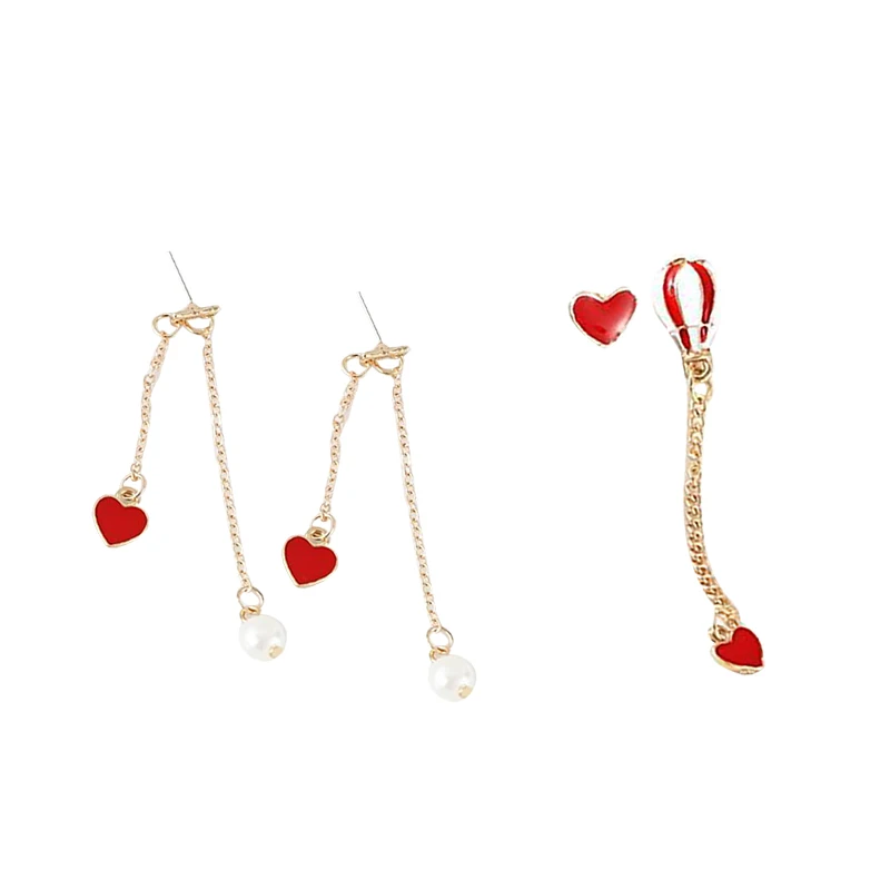

New Asymmetrical Long Red Love Drop Earrings for Women Girls Korean Tassel Pearl Earrings Temperament Party Jewelry for Friend