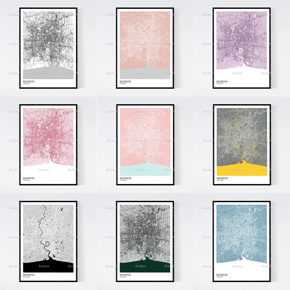 

Bangkok, Thailand Map Nordic Retro Minimalism Painting Posters and Prints on Canvas Wall Art Modular Pictures Home Decor Gift