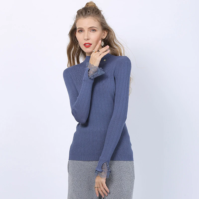 2020 autumn winter lace knit sweater new slimming was thin half-high collar pullover women's bottoming shirt | Женская одежда