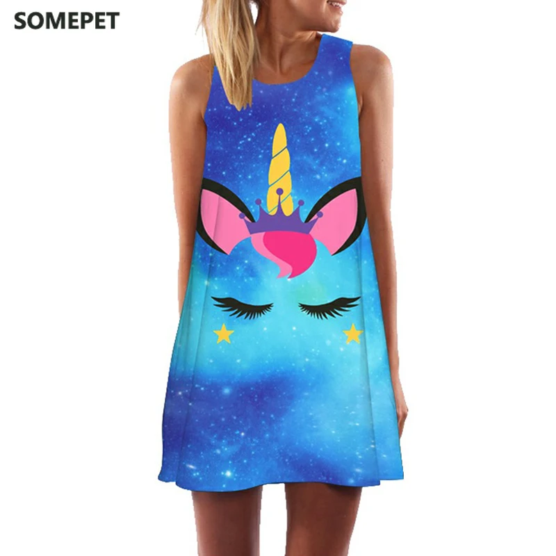 Женское платье 3D на бретелях единорог цветочный рисунок кота тонкие платья без