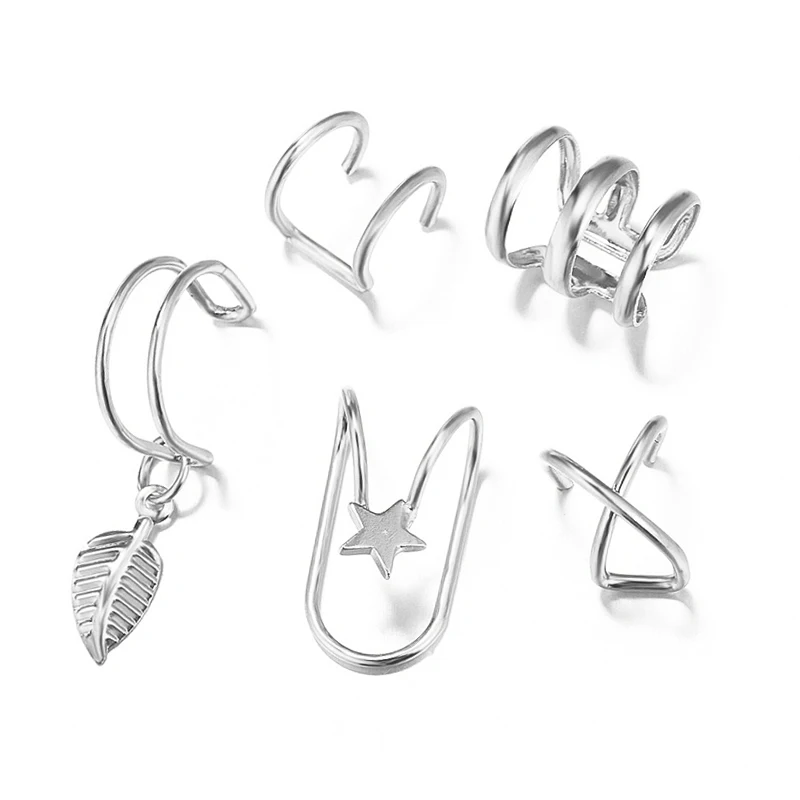 

5 Pcs Set Simple Alloy Ear Cuffs with Chain Korean Fashion Clip on Fake Piercing U-Shaped Statement Earrings Set for Women Gift