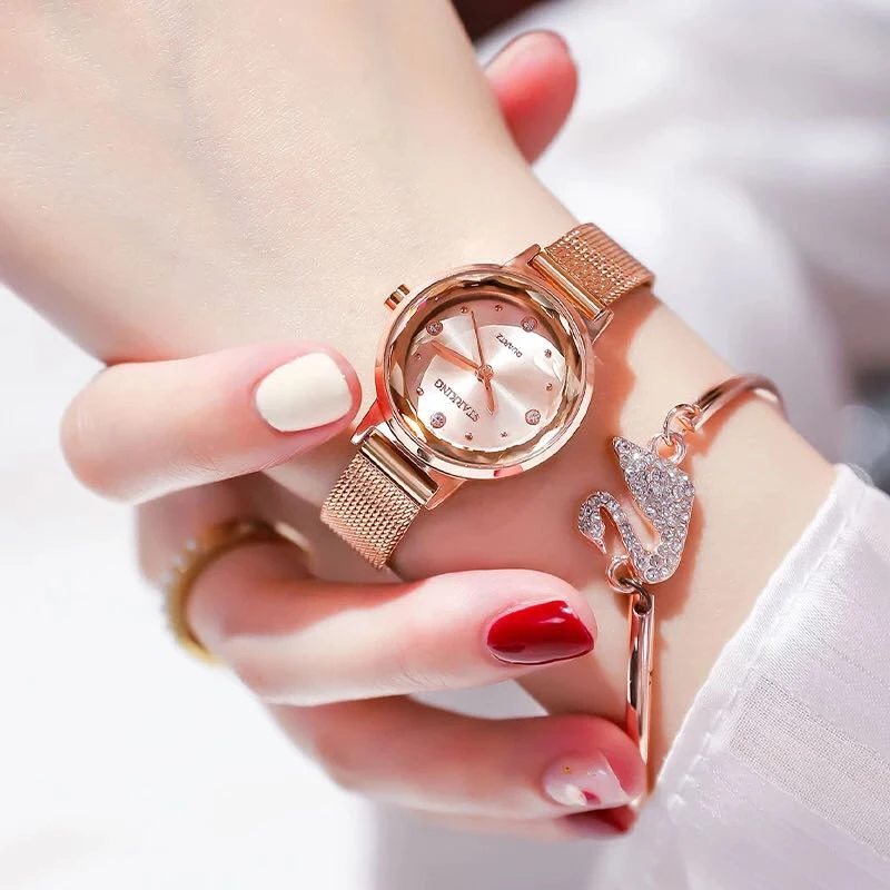 

2021 Trend Female Quartz Fallow Fashion Minirans Mesh Belt Stainless Steel Strip Waterproof Lnlay Zircon Women'S Watches TL0945