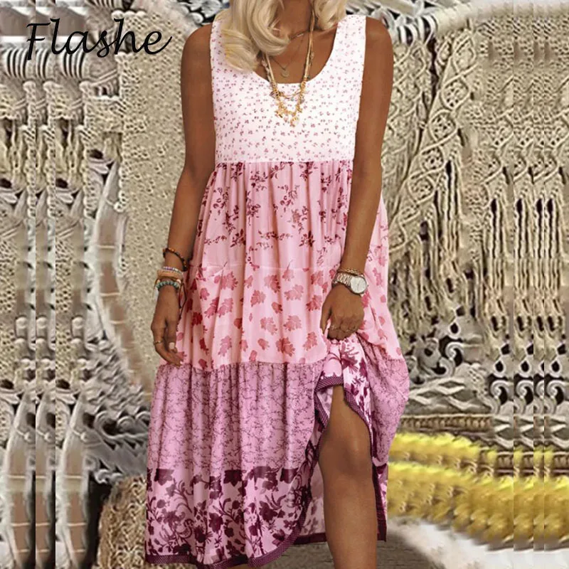 

Summer Maxi Dress Women's Printed Sundress Dress Casual Sleeveless Bohemia Dresses For Women O Neck Loose Robe Femme Plus Size