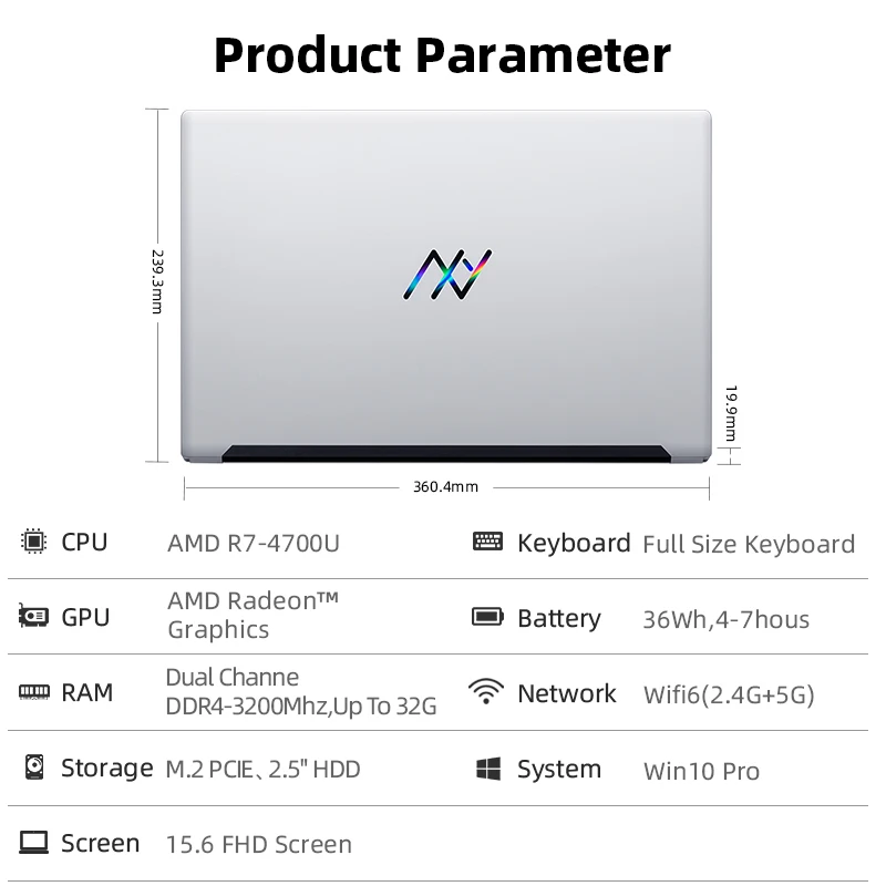 

Machenike AMD Ryzen 7 4700U Laptop WiFi 6 Ultrabook 8G 3200MHz 512G SSD 15.6'' FHD Notebook Office Laptop Metal A/D Shell