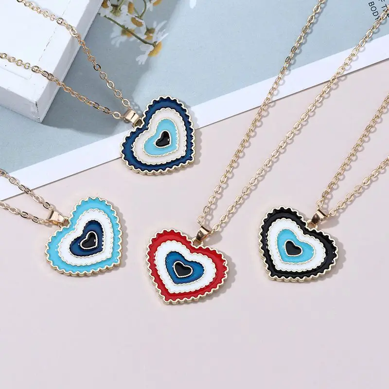

Multi-layer Heart-shaped Pendant Necklaces Blue Red Dripping Oil Devil's Eyes Chains All-match Fashion Y2k Style Jewelry
