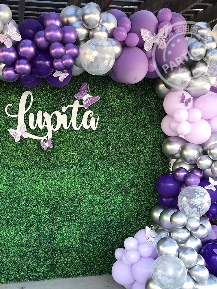 Guirnalda de globos de boda p&uacute;rpura, Kit de arco de globos met&aacute;licos de color morado y plateado, Macaron, decoraci&oacute;n de cumplea&ntilde;os y aniversario de una fiesta, 132 Uds.-1