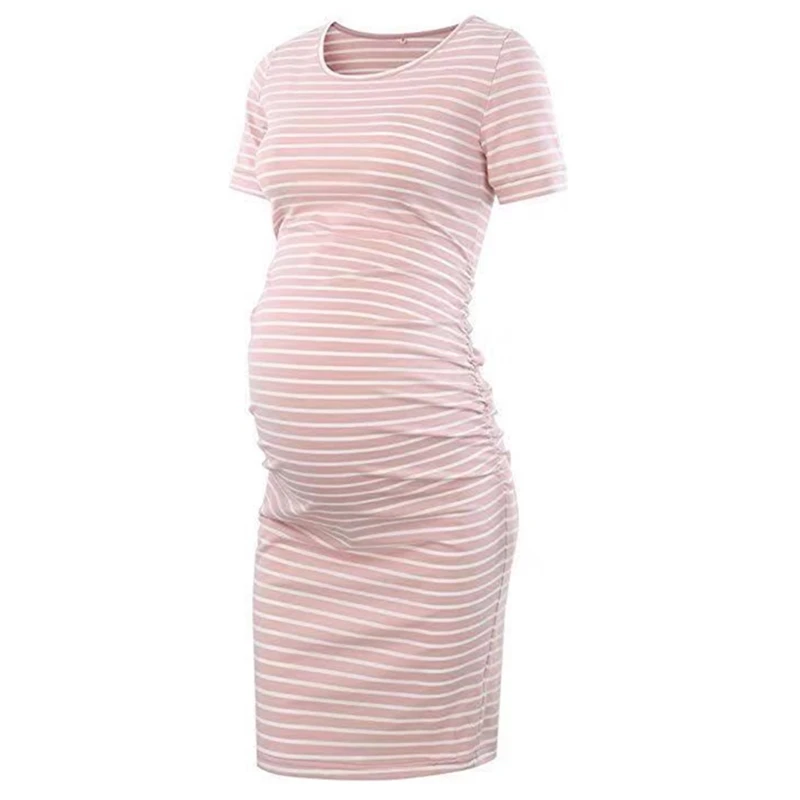 Women's Ruched Maternity Dress O-neck Stripe Dress Half Sleeve Casual Wrap Dresses Clothes for Pregnant Summer Maternity Gown