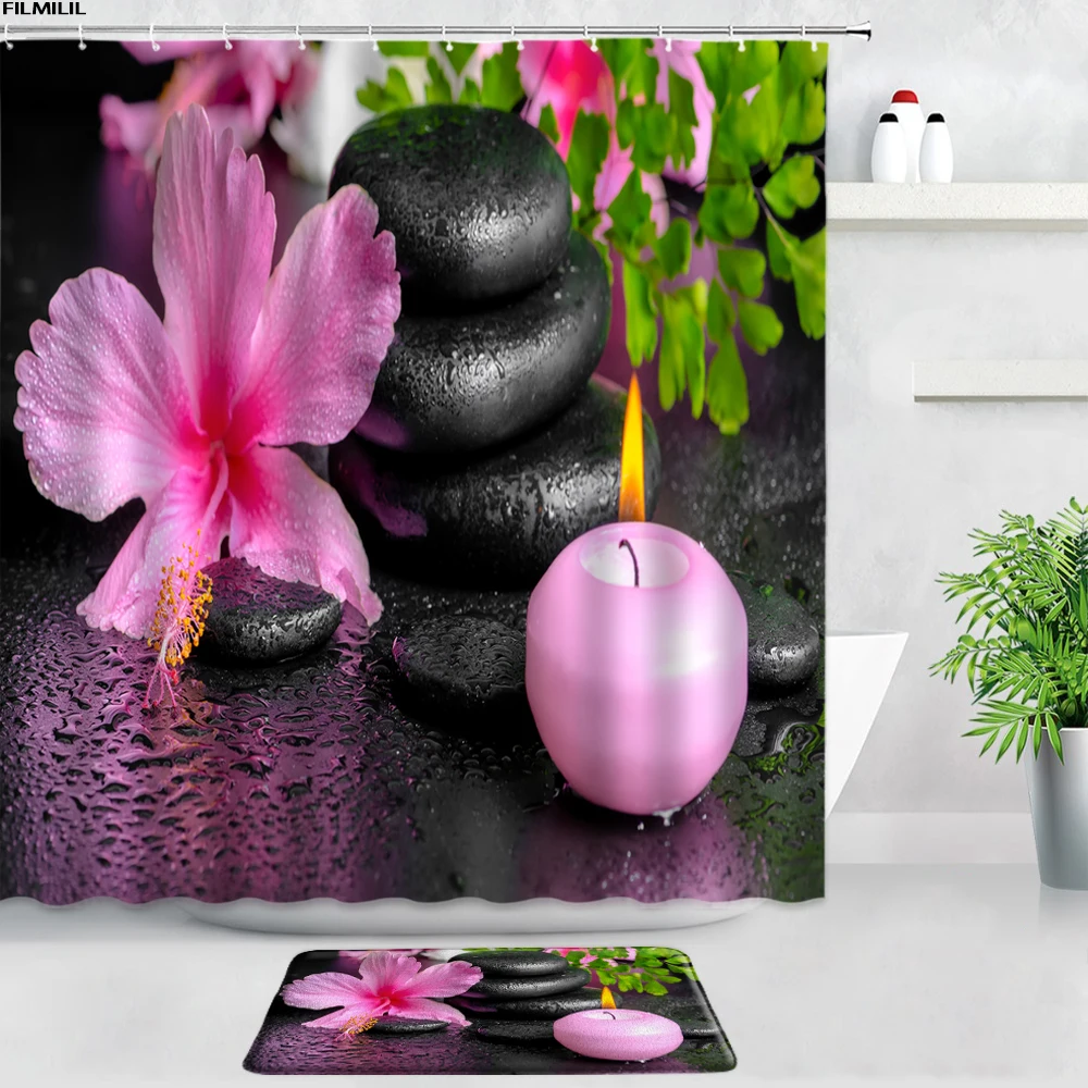 zen green bamboo buddha shower curtains bath mats set black stone flowers garden scenery bathroom carpet non slip rug home decor free global shipping