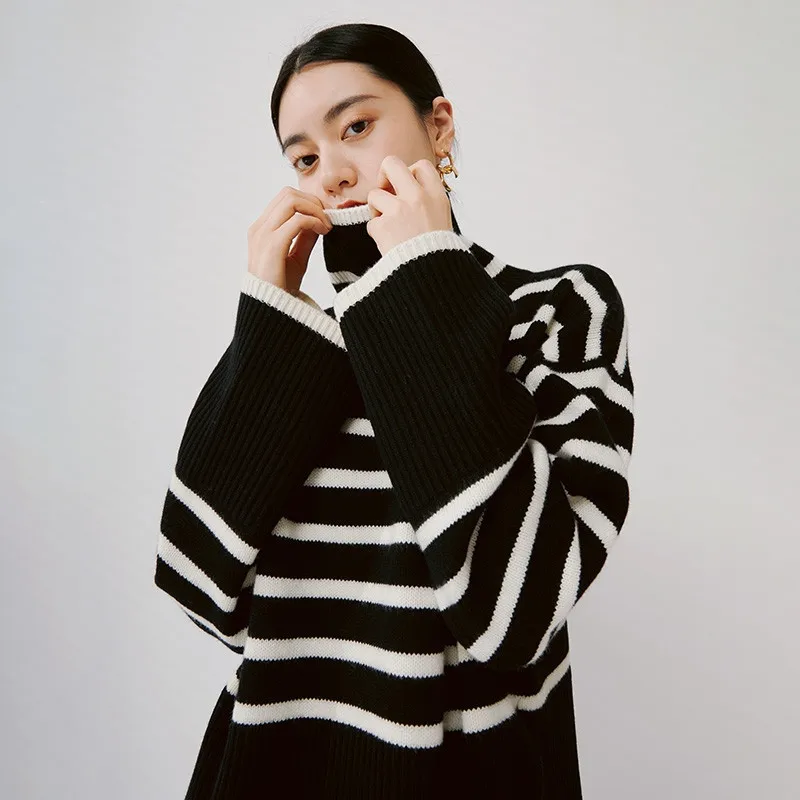 

Turtleneck Sweater Pullover oversized jumps Stripes Long fall clothing knit top Sleeve Warm Female Retro pull oversize