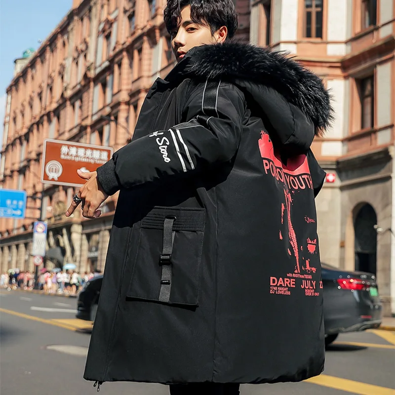 Winter Hooded Mens Mid-Length Cotton-Padded Jackets Outwear Thick Warm Parkas Faux Fur Collar Long Coat Male Tops Windbreaker