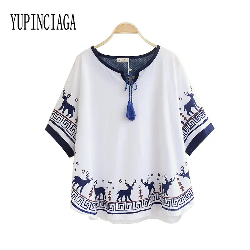 Новинка летняя женская футболка с принтом в национальном стиле оленем бахромой