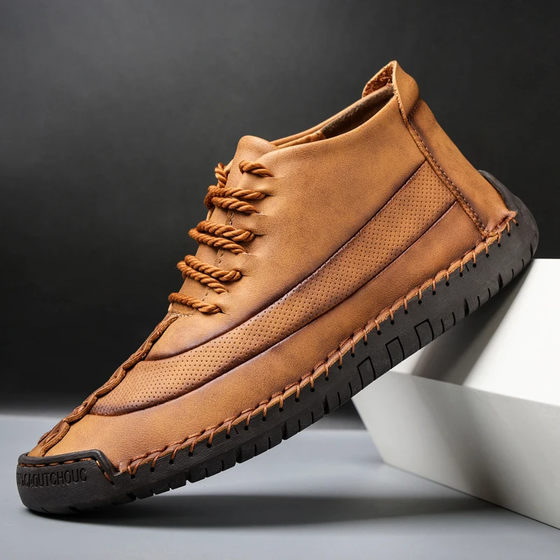 

Мужские кожаные туфли с высоким верхом, Классические оксфорды с прошитыми подошвами, уличные модные туфли на шнуровке в стиле ретро, плоска...