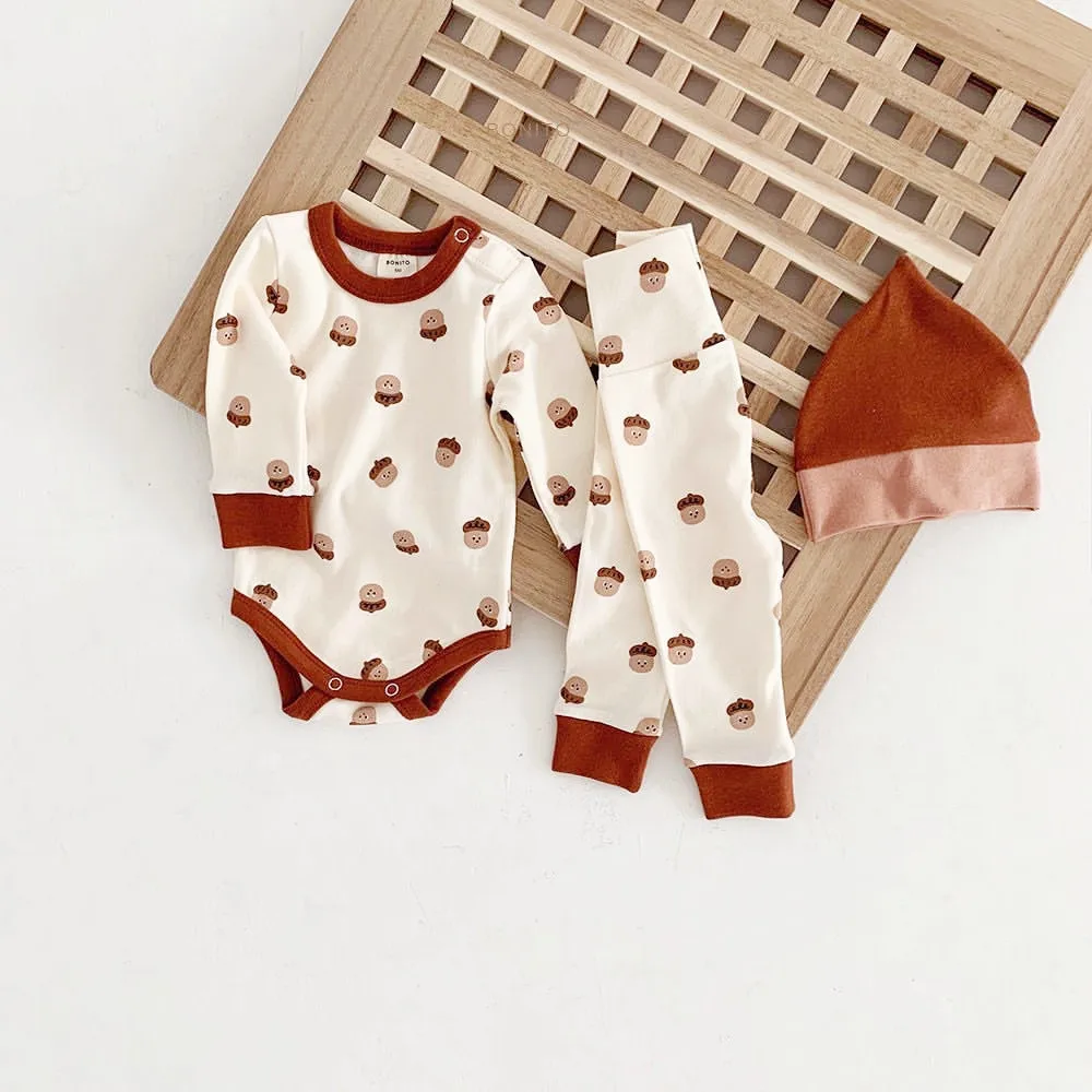 Newborn Baby Boy Sleepwear Pajamas Set Romper Pants Hat 3Pcs Clothes Toddler Nightwear Outfits Girls | Детская одежда и обувь