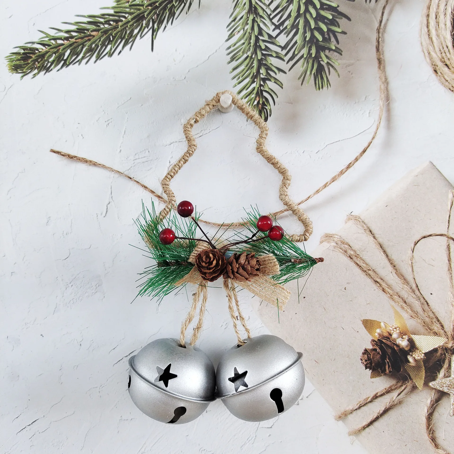 

Home Party Decoration Christmas Tree Decoration Double Bell Pendant Home Decor Christmas Tree Bell Pendant Iron Hemp Rope Hogar