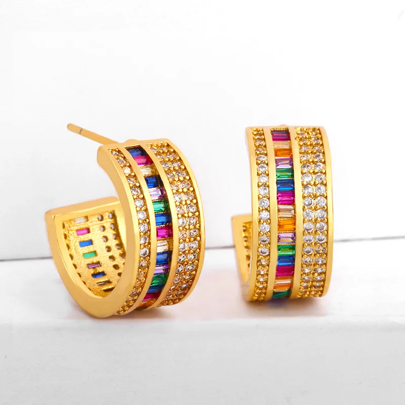 Женские радужные серьги-кольца OCESRIO круглые с кристаллами позолоченные