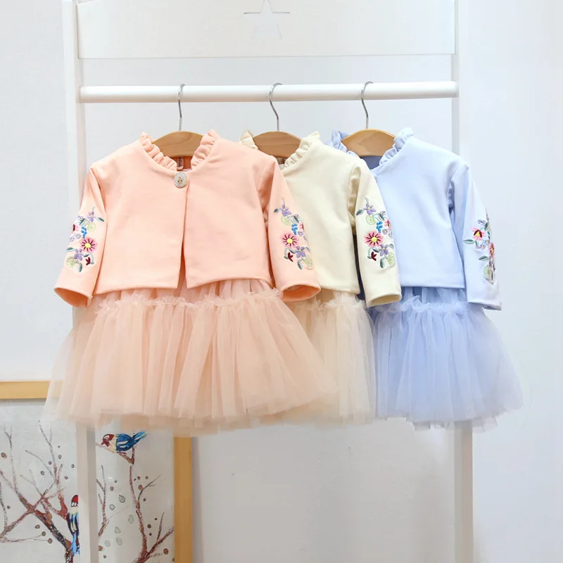 Весенне осенний хлопковый костюм для девочек пальто + сетчатый жилет с платьем