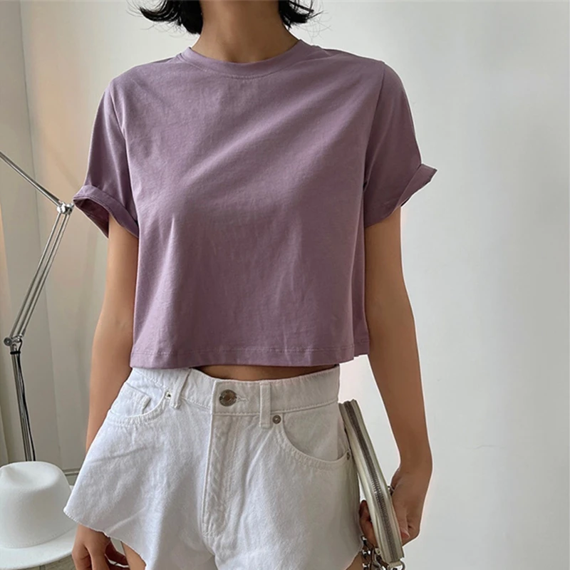 

2021 New Summer Fashion Female T-shirt High Quality Loose Casual Women Tee Round Neck Solid Color Elegant Ladies Tops T225