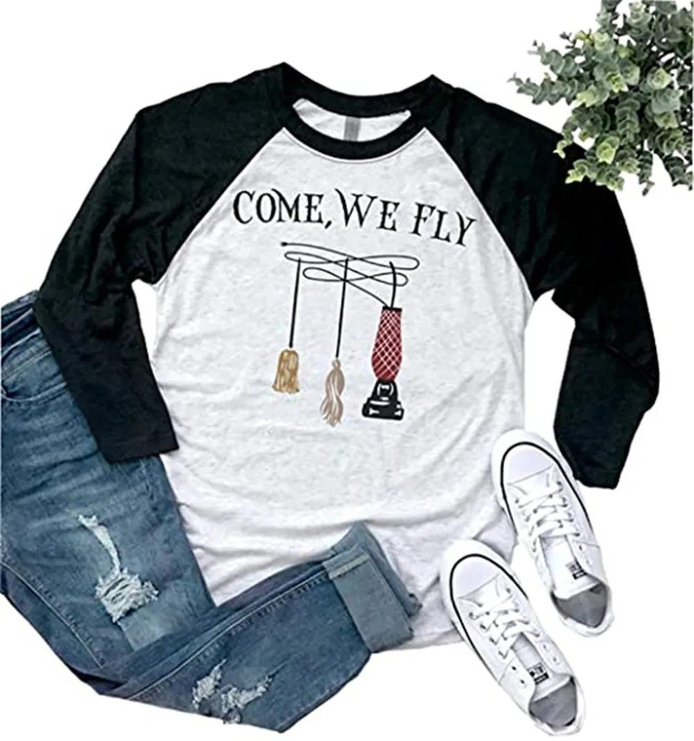 

Женская футболка с круглым вырезом, принтом и надписью «COME WE FLY»