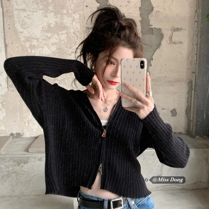 

Трикотажный кардиган с воротником-поло, женское короткое пальто, новинка весны 2021, облегающий модный топ на молнии с длинным рукавом, притал...