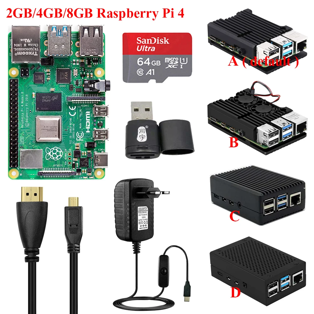 Оригинальный Raspberry Pi 4 Model B 2 ГБ/4 ГБ/8 ГБ + Алюминиевый Чехол источник питания SD