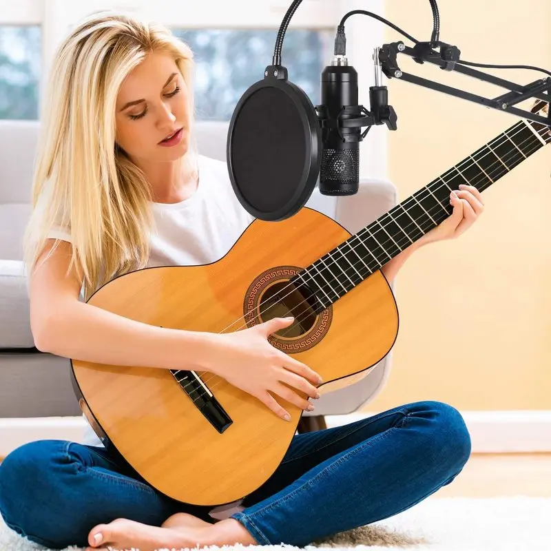 

Heavy Duty Microphone Stand Extendable Suspension Boom Scissor Arm Stand with Shock Mount Dual Layered Mic Pop Filter