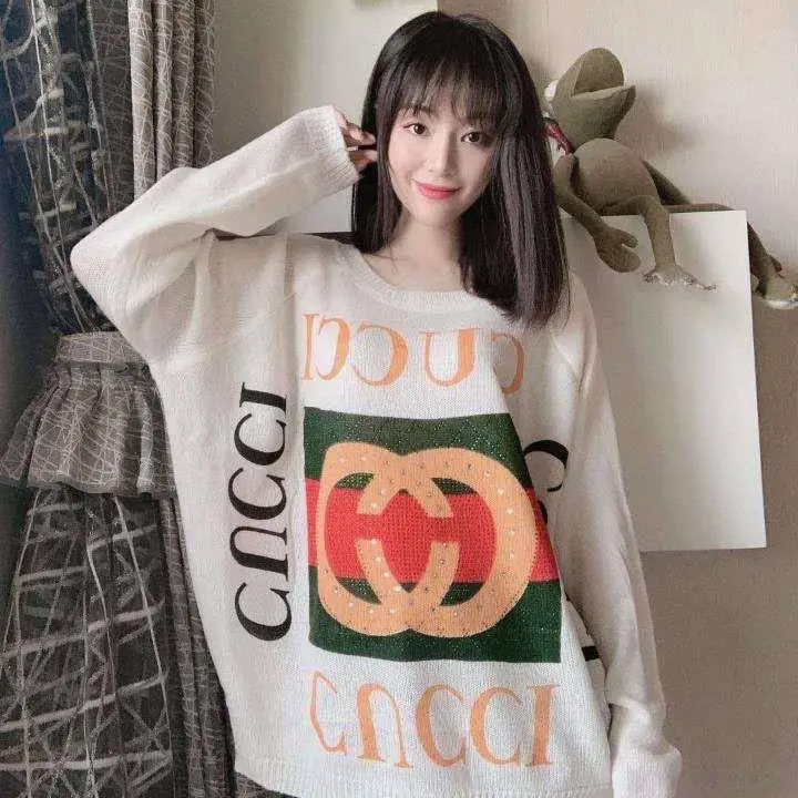 

Sweater women's Europe 2021 spring clothes European fashion Mohair nail bead loose letter printing lazy style T-shirt
