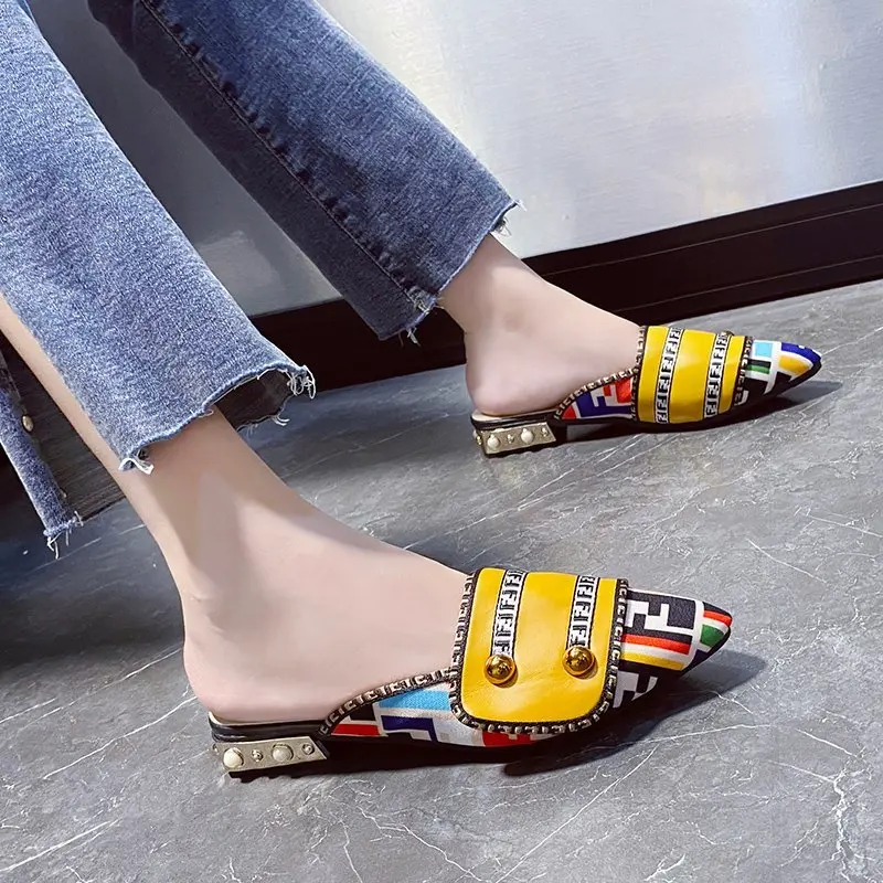 

Women's Slippers Summer 2021 Low Heel Patch Color Rivets Fashion Point-toe Slippers Women's Muller Style Outdoor Party Shoes
