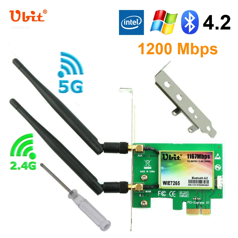 

Ubit Bluetooth 4.2 Wireless WiFi Card AC 1200Mbps 7265 PCIe Network Adapter Card 5GHz/2.4GHz Dual Band PCI Express X1 Win7/8/10