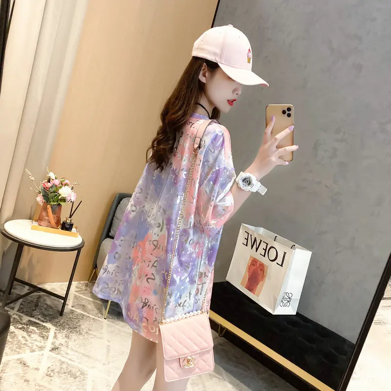 Футболка большого размера с сияющими буквами топы футболки 2021 летняя Женская