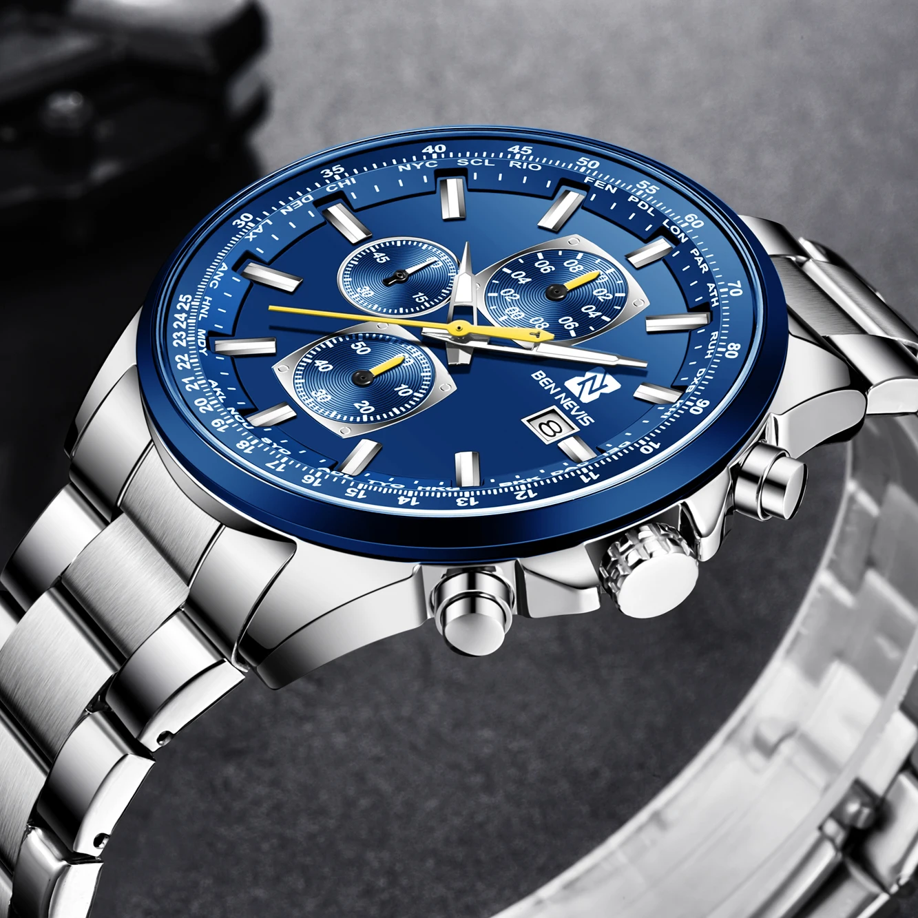 Мужские кварцевые наручные часы Бен-Нерис 2020 модные синие Серебристый браслет из