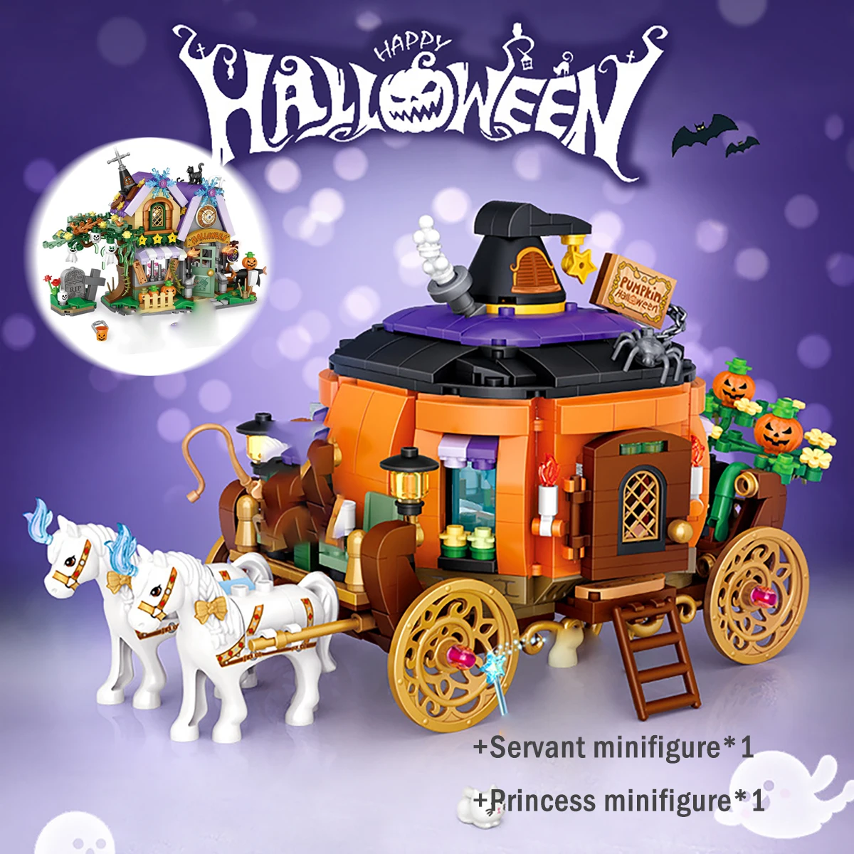 

DIY Halloween Building Blocks Pumpkin Car Haunted House Model Building Blocks MOC Creative Children's Toy Puzzle Gift