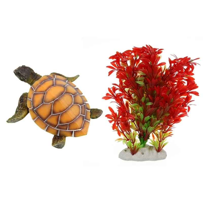2 Pcs Aquarium Accessories: 1 Artificial Plastic Plant Red Green Color & Turtle Decoration | Дом и сад