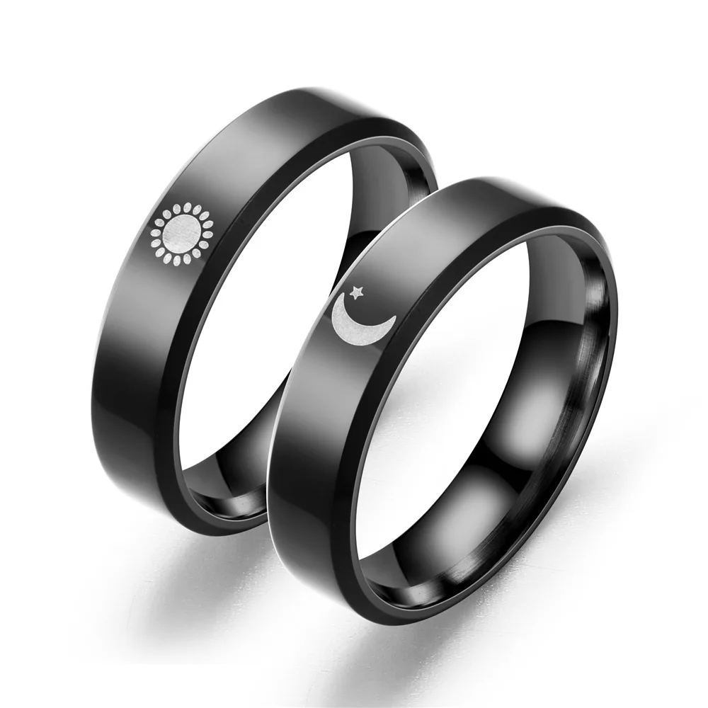 

Megin D Romantic Simple Black Sun Moon Stainless Steel Couple Rings for Men Women Couple Friend Fashion Design Gift Jewelry