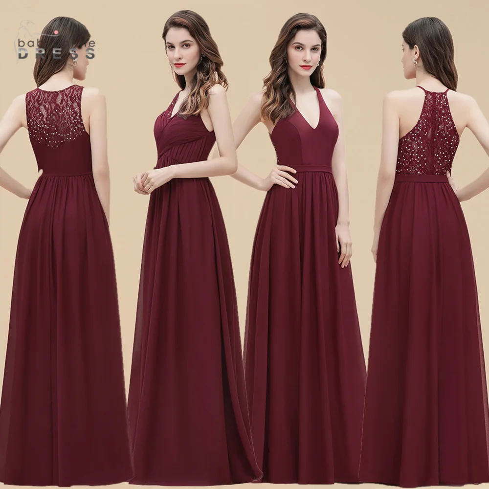 

Burgundy Long Evening Dresses Women Chiffon Lace A-Line V-Neck Sequined Elegant Formal Prom Wedding Party Gown robes de soirée