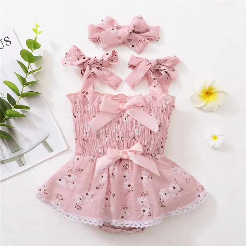 

2021 Baby sweet Floral Print Clothes Set, Girls Sleeveless Jumpsuit + Bow-knot Headband for Summer