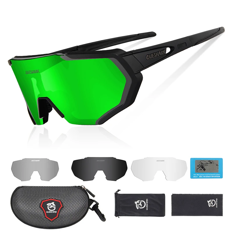 4 Lens Black Green QUESHARK, дизайн, очки для велоспорта для мужчин и женщин,, полностью покрытые линзы, UV400, поляризационные, 3 или 4 линзы, всего - Цвет: 4 Lens Black Green