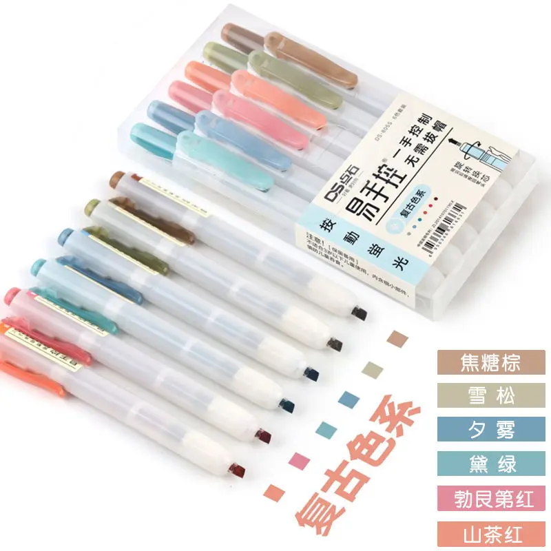 

6Pcs/set Retractable Highlighters Refillable Pastel Highlighter Pen Fluorescence Markers for Journaling School Office Supplies