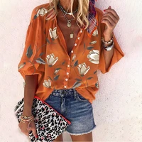 summer women flower print nine quarter stand collar shirt loose plus size tops and blouses casual open stitch office lady shirts