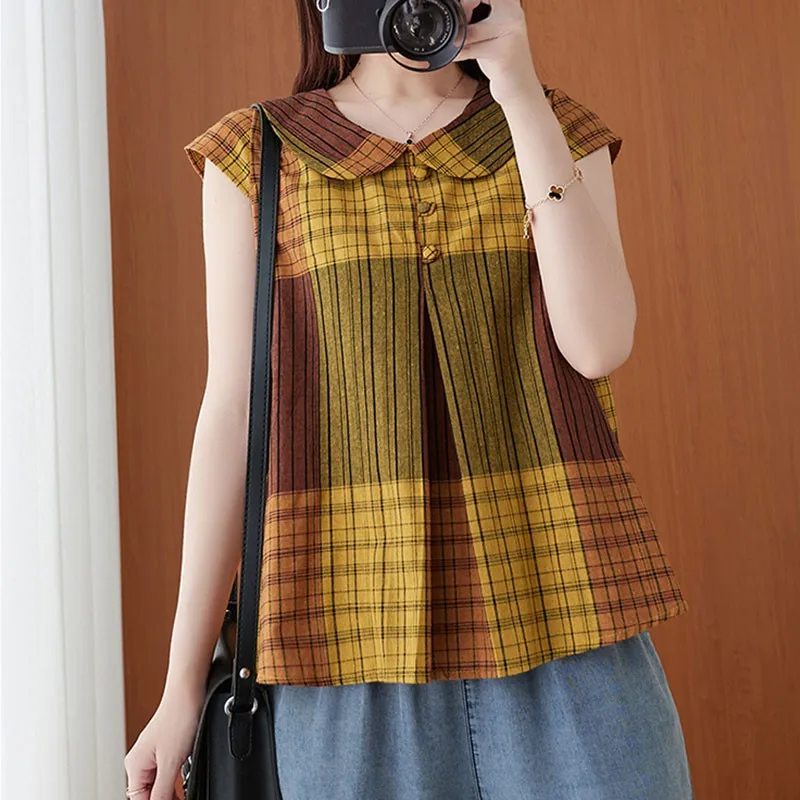

Women Summer Cotton Linen Casual T-shirts New Arrival 2021 Vintage Style Turn-down Collar Plaid Loose Female Tops Tees S3917