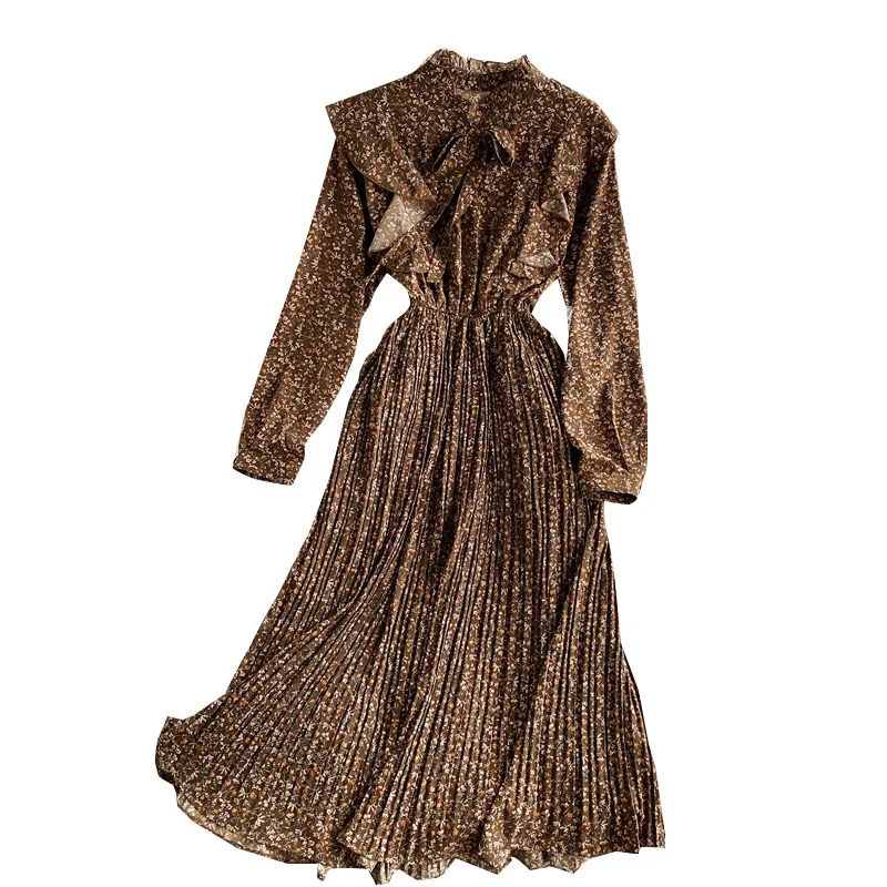 

Spring Autumn Dress Pleated Flower Print Korean High Waist Stand Collar Chiffon Lantern Sleeve Ruffled Midi Vestidos UK099