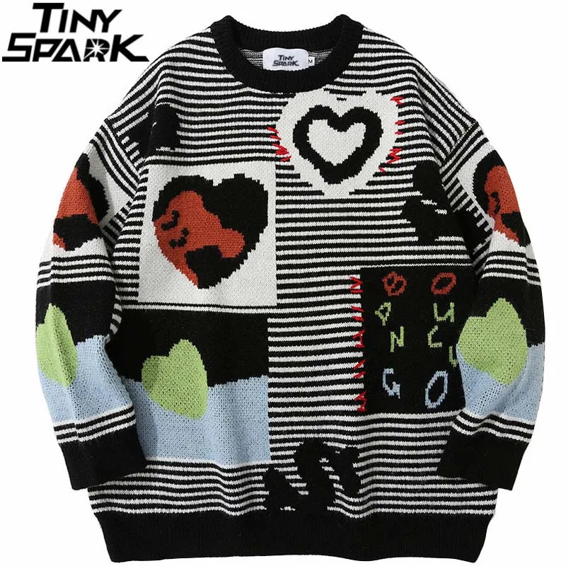 

2021 мужской вязаный свитер в стиле хип-хоп, уличная одежда с принтом в виде сердца, пуловер в полоску в стиле Харадзюку, хлопковый Повседневны...
