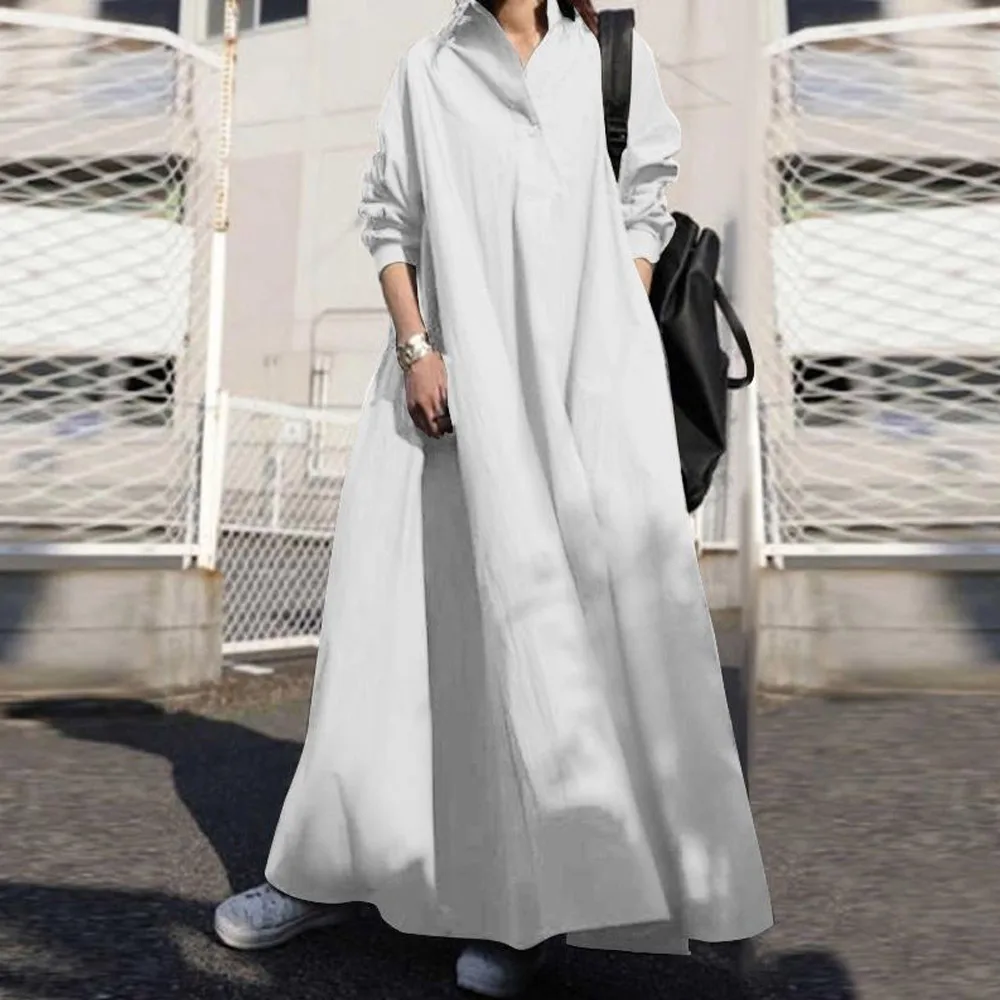 

2021 Spring Autumn Womens Vintage Long Sleeve Casual Loose Maxi Dress Solid Turn Down Collar Femal Dress Fashion Vestidos Mujer