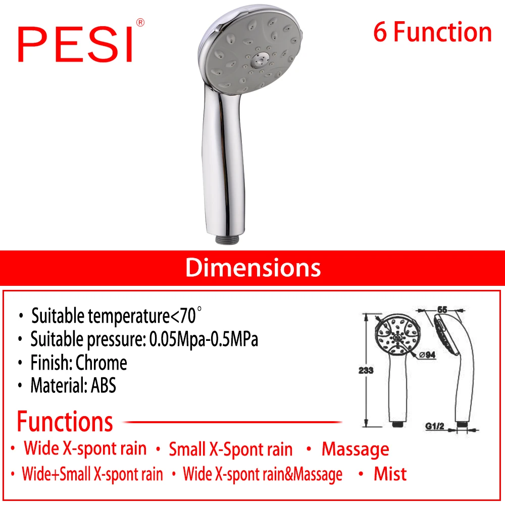 Регулируемая струйная насадка для душа 6 функций экономия воды под высоким