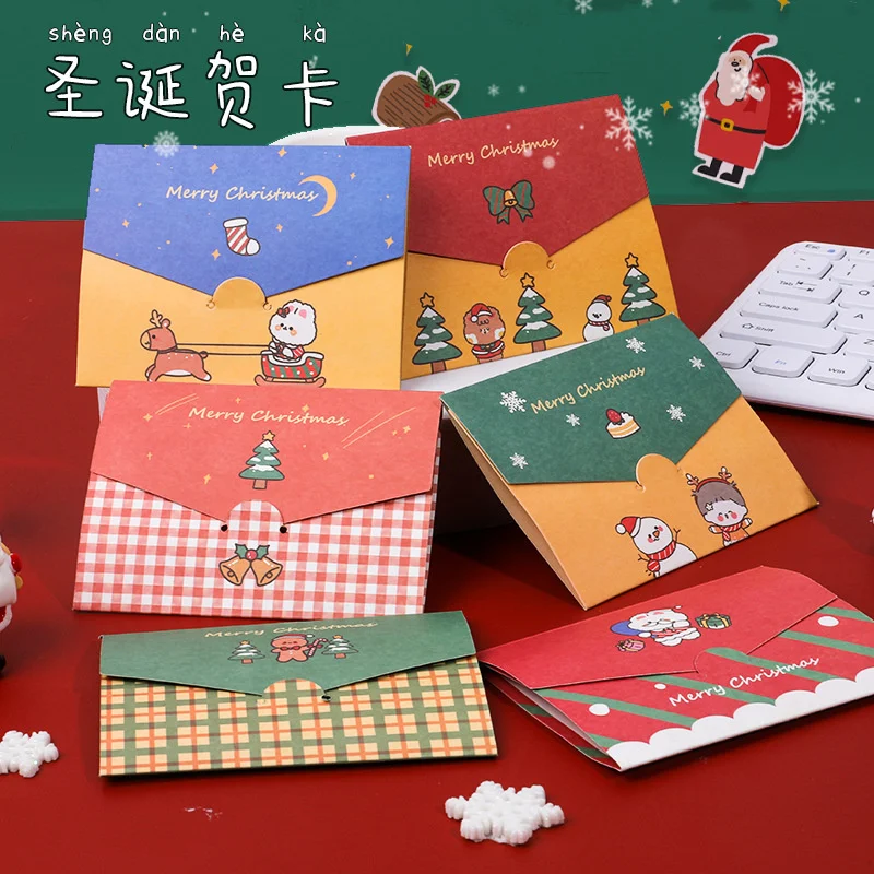 

10pc Merry Christmas Envelope Mini Deer Noel Tree Greeting Cards Xmas Party New Year 2021 Postcard Christmas Gift Cards For Kids