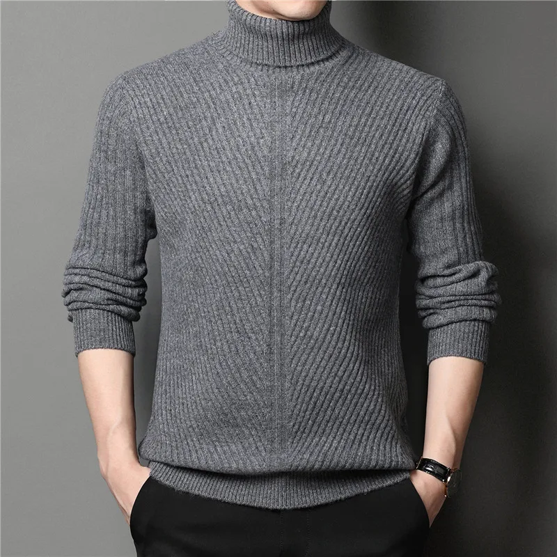 Men's 100% Pure Wool Thick Sweater Winter & Autumn Turtleneck Cashmer Jumpers Male High Collar Wool Warm Knitwear Long Sleeved